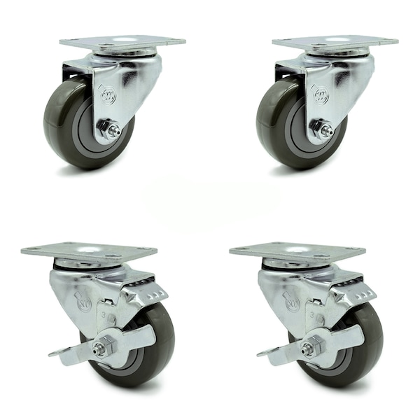 3 Inch Gray Polyurethane Wheel Swivel Top Plate Caster Set with 2 Brakes SCC